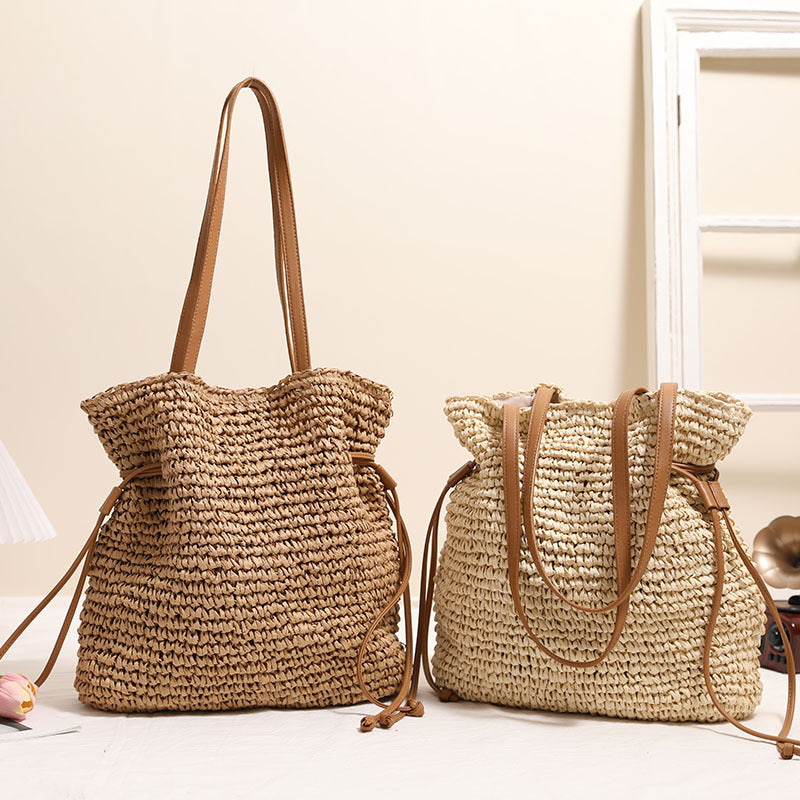 Sarah Express Braided Straw Drawstring Shoulder Bag