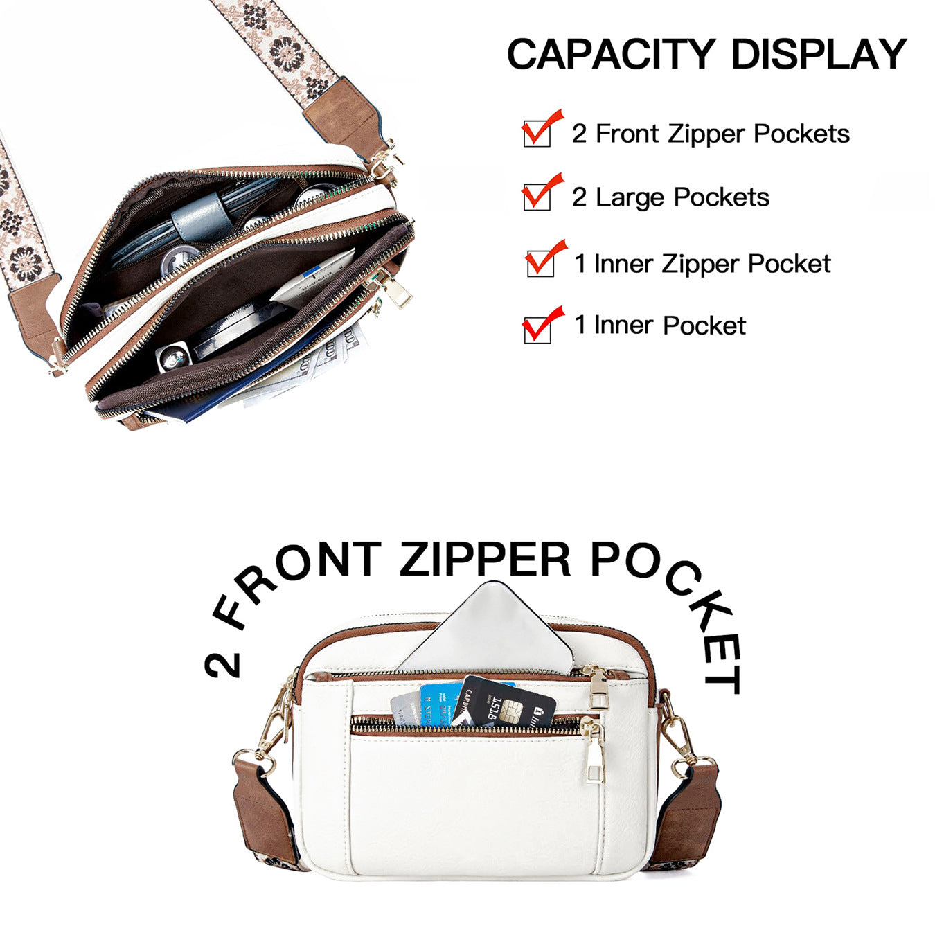 Sarah Express Triple-Zipper Crossbody Bag With Embroidered Strap