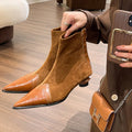 Sarah Express Retro Patchwork Pointed Kitten Heel Boots Brown
