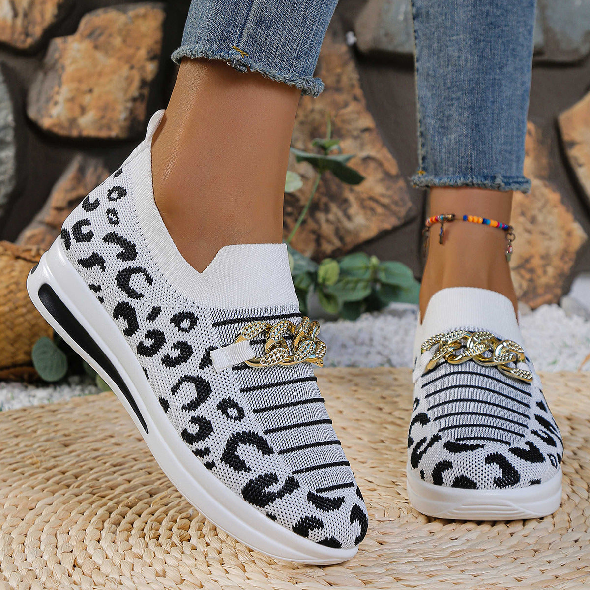 Sarah Express Leopard Print Slip-On Wedge Sneakers White
