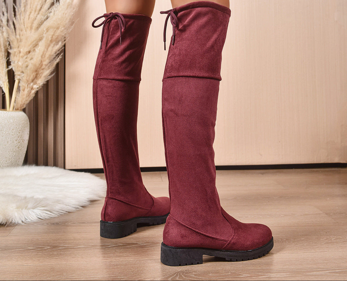 Burgundy Suede Lace-Up Knee High Boots – lace-up detail alternate view 3