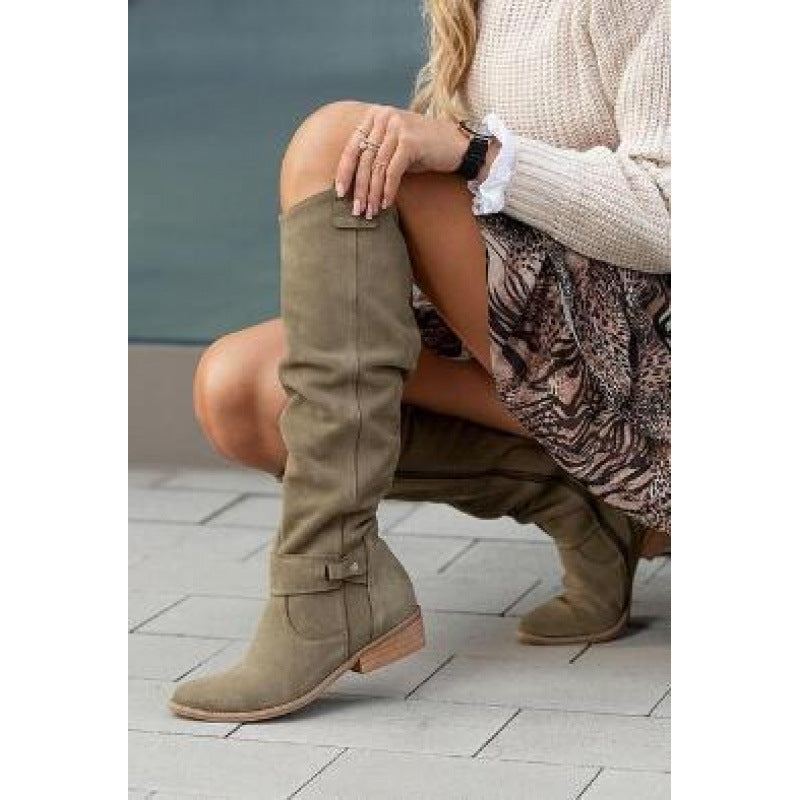 Sarah Express Premium Suede Over-the-Knee Side Zip Boots Army Green