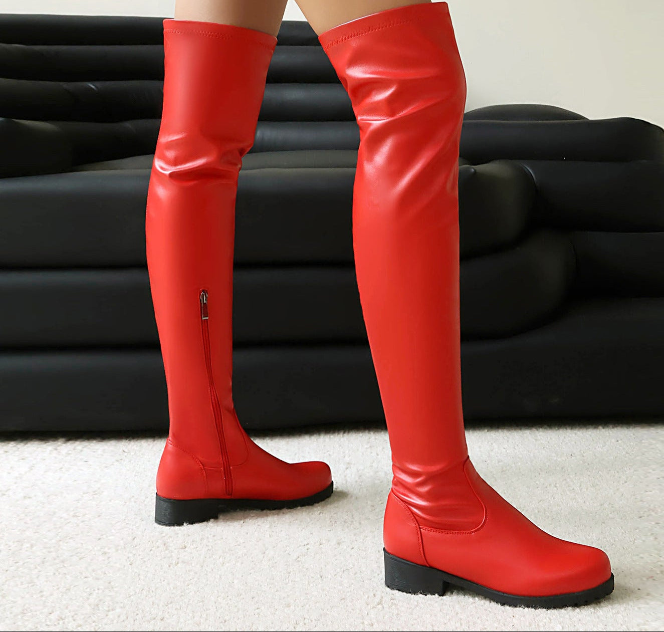 Sarah Express Stretchy Over-the-Knee Low Heel Boots Red