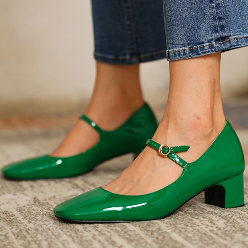 Sarah Express Square-Toe Mid-Heel Buckle Mule Pumps