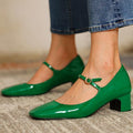 Sarah Express Square-Toe Mid-Heel Buckle Mule Pumps Green