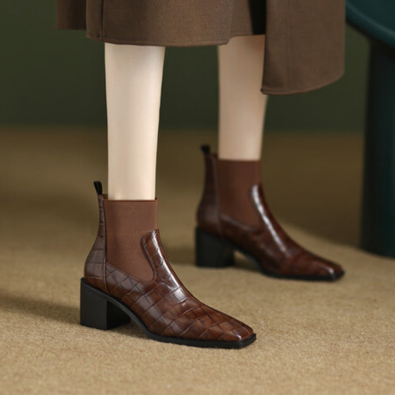 Sarah Express Square Toe Cowhide Leather Chunky Pumps
