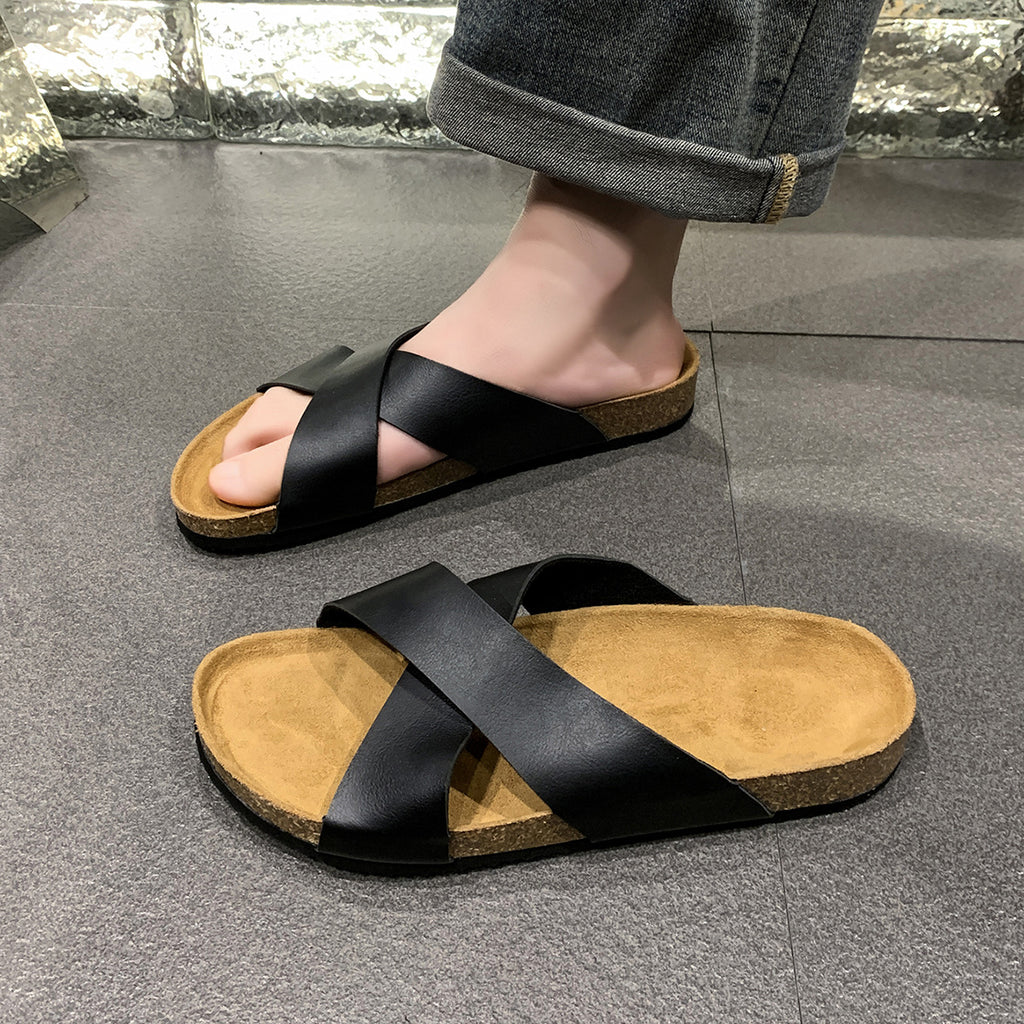 Sarah Express Men's Cross-Strap Cork Sandals Black