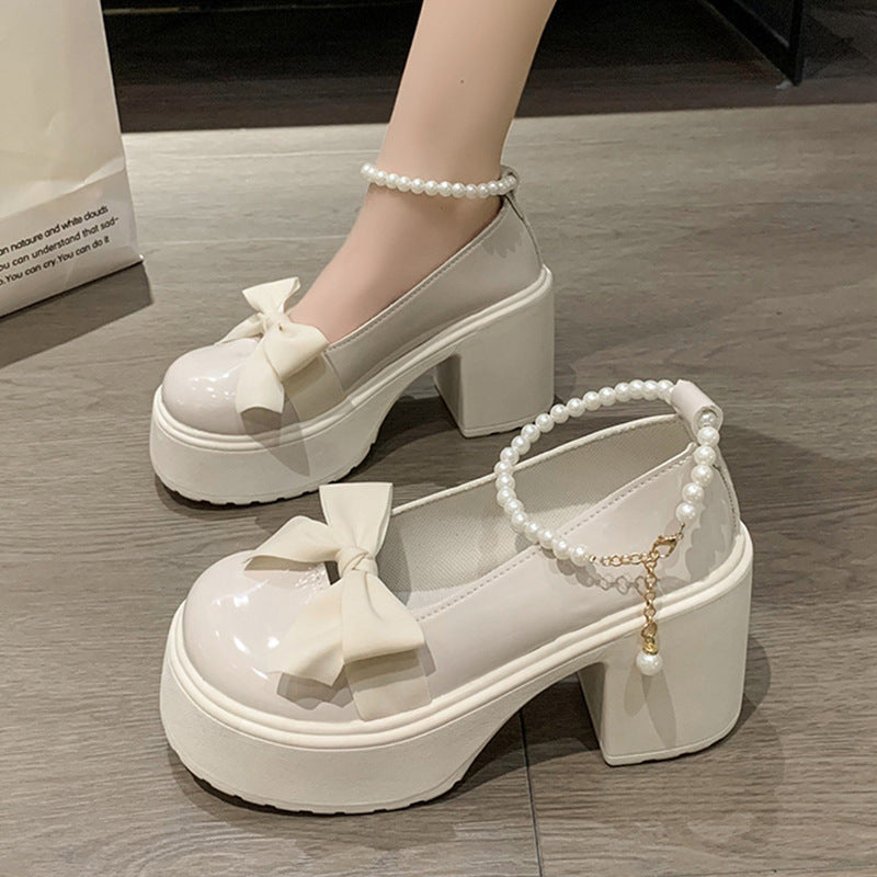 Sarah Express Pearl Bow Platform Block Heel Shoes