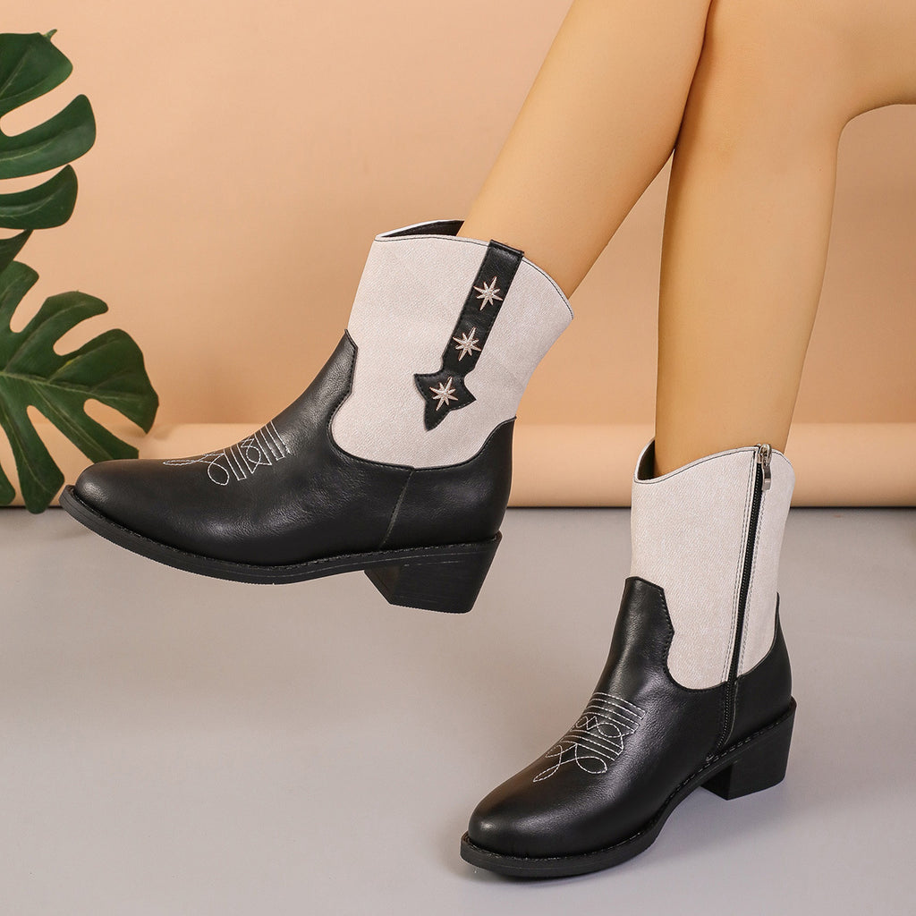 Sarah Express Denim Patchwork Western Pointed Toe Boots
