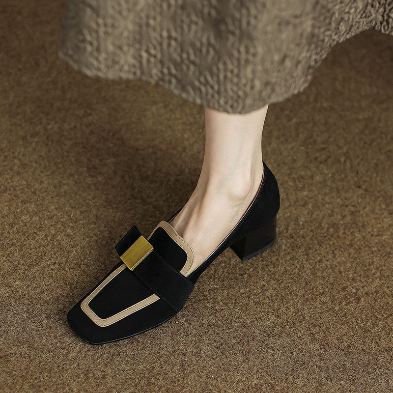 French Retro Color Block Single Shoe With Medium Thick Heel – product detail alternate view