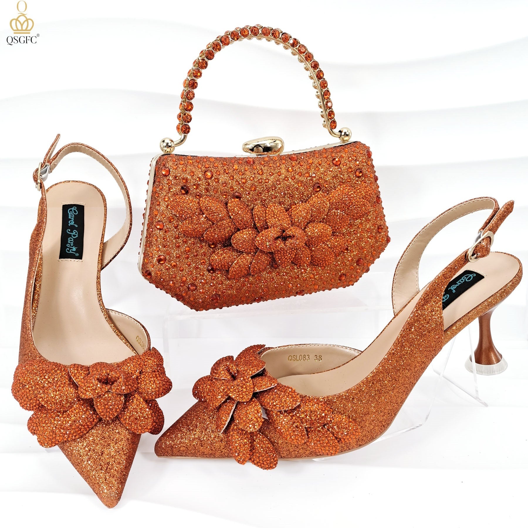 Sarah Express Rhinestone Floral Party Heels and Bag Set Orange Red