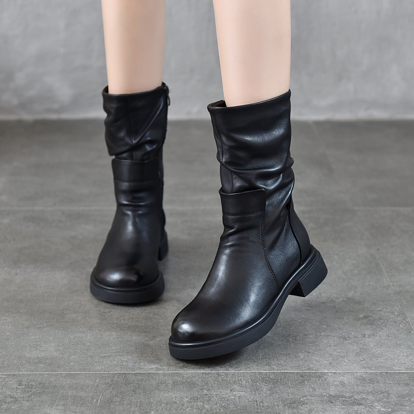 Sarah Express Women's Genuine Leather Mid-Calf Chunky Boots