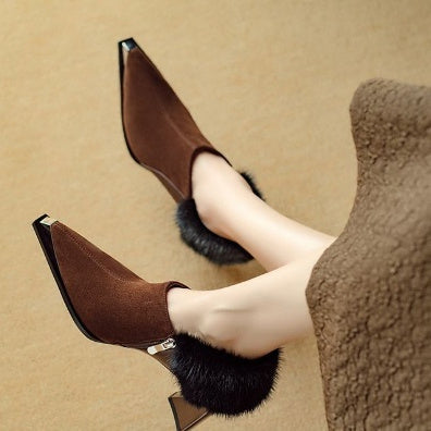 Retro Pointed-Toe Chunky Heel Suede Boots – heel profile