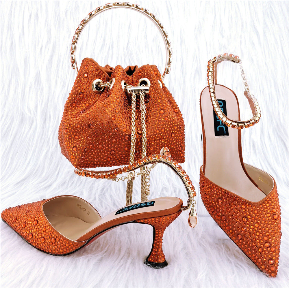 Sarah Express Crystal Embellished Pointed Toe Heel Set Orange