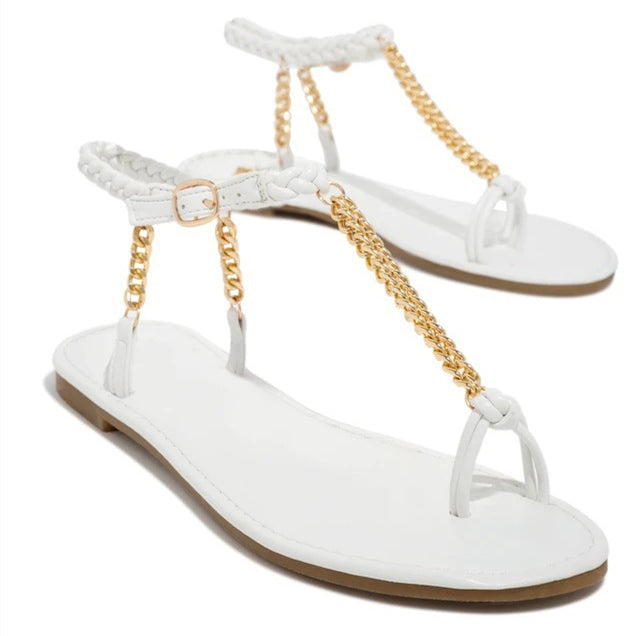 Sarah Express Metal Chain Flat Sandals Wide Width White