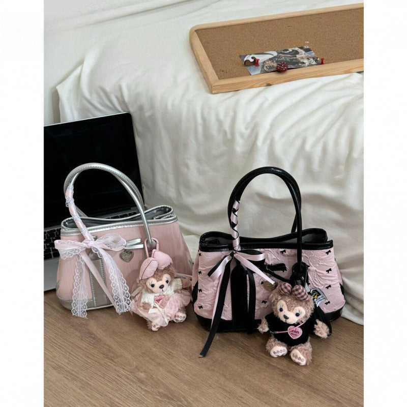 Sarah Express Structured Pink Bucket Handbag with Ribbon