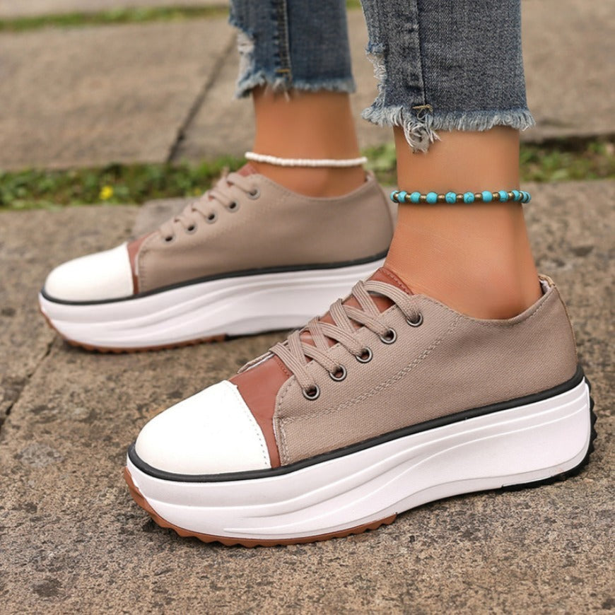 Sarah Express Canvas Platform Sneakers with Thick Sole Khaki Canvas