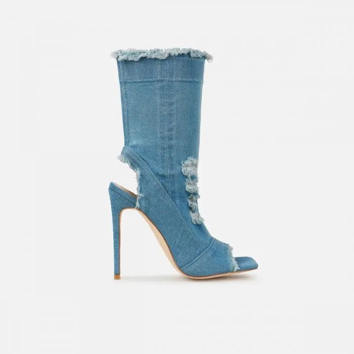 Sarah Express Peep Toe Distressed Denim Stiletto Boots