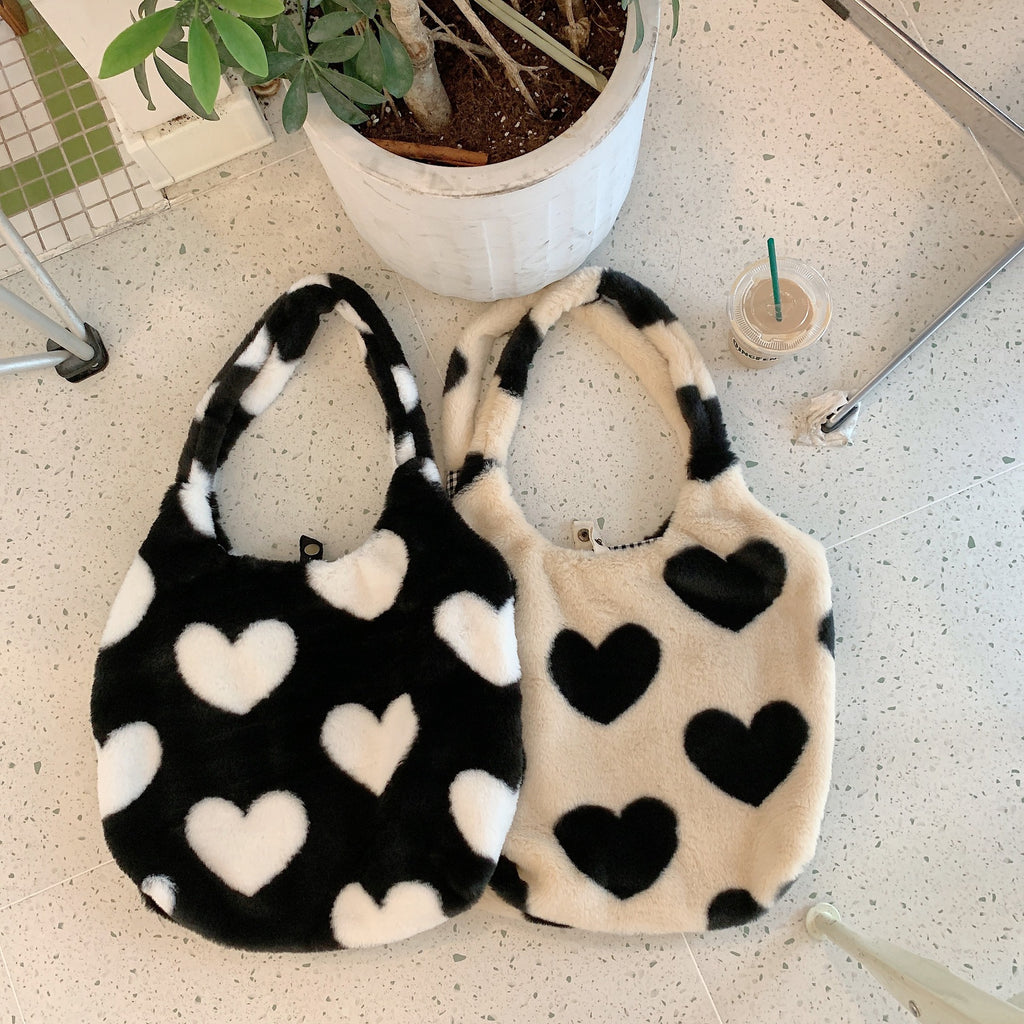 Sarah Express Plush Heart Pattern Reversible Shoulder Bag