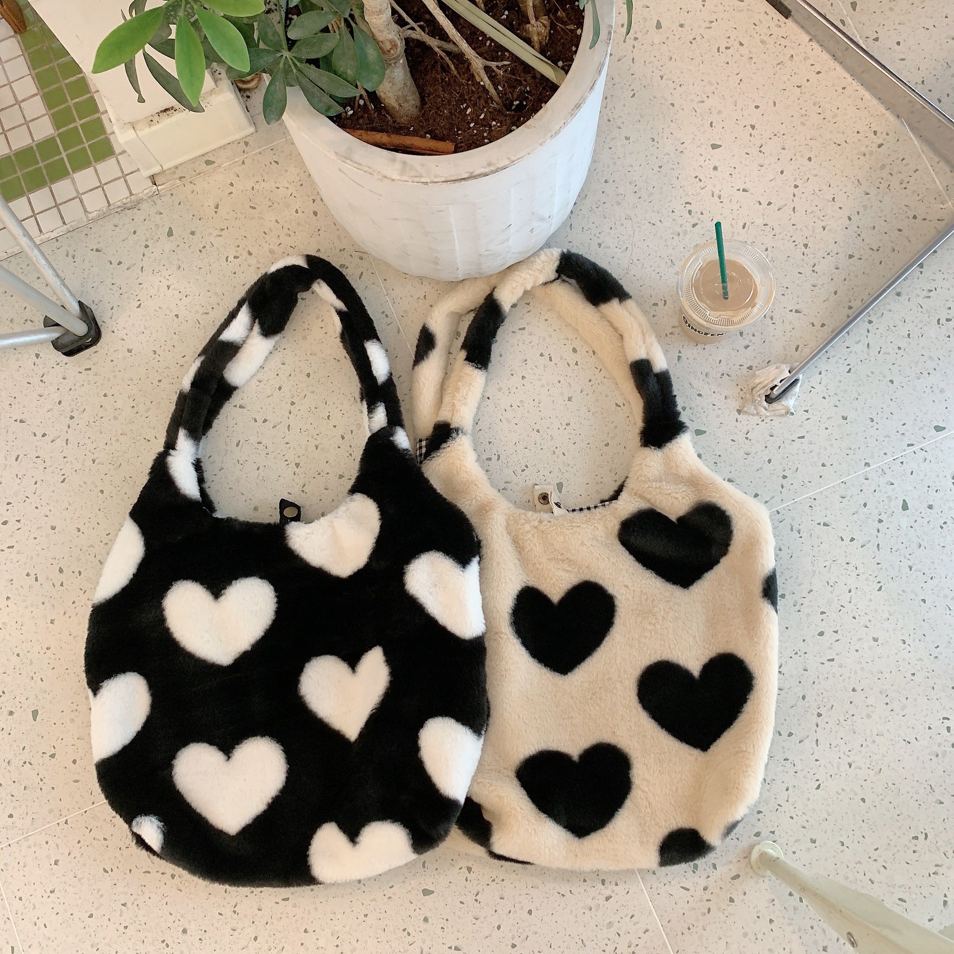 Sarah Express Plush Heart Pattern Reversible Shoulder Bag