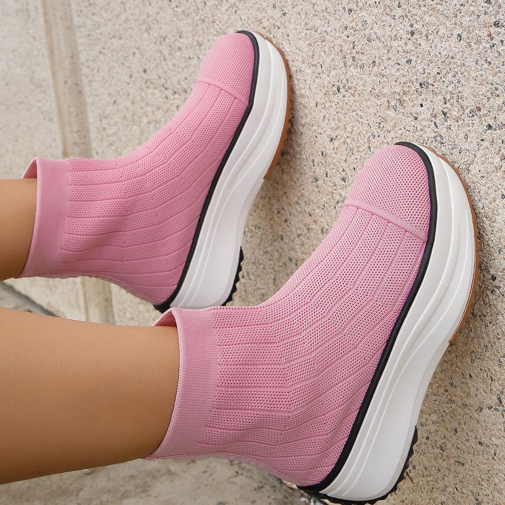 Sarah Express Women's Thick-Soled Knit Ankle Boots Pink