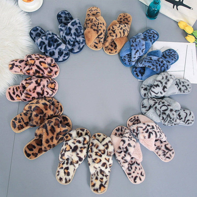 Sarah Express Fuzzy Leopard Cross-Strap House Slippers