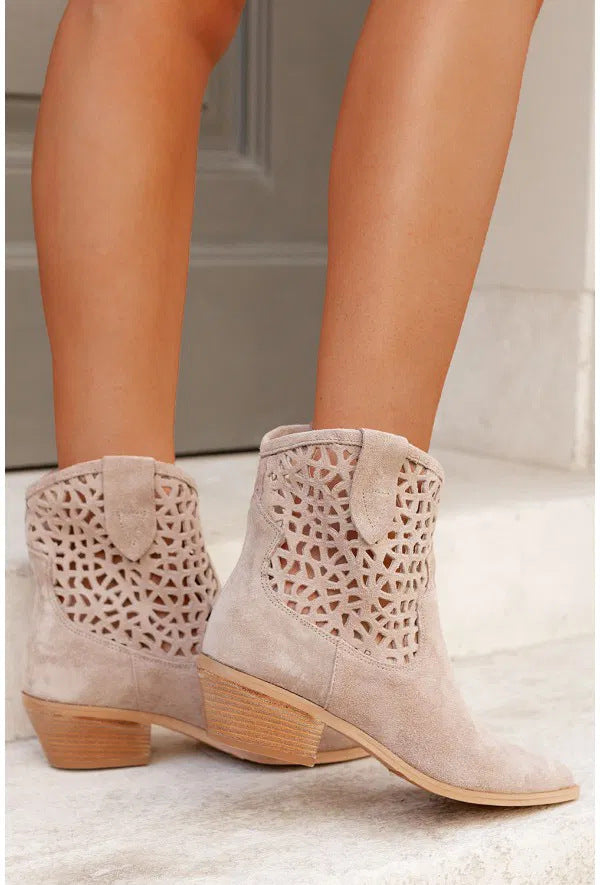 Sarah Express Women's Cutout Suede Chunky Heel Boots