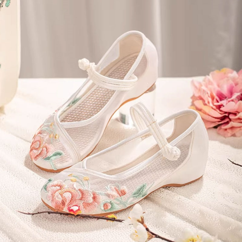 Sarah Express Embroidered Mesh Retro Low Heel Sandals White Package style