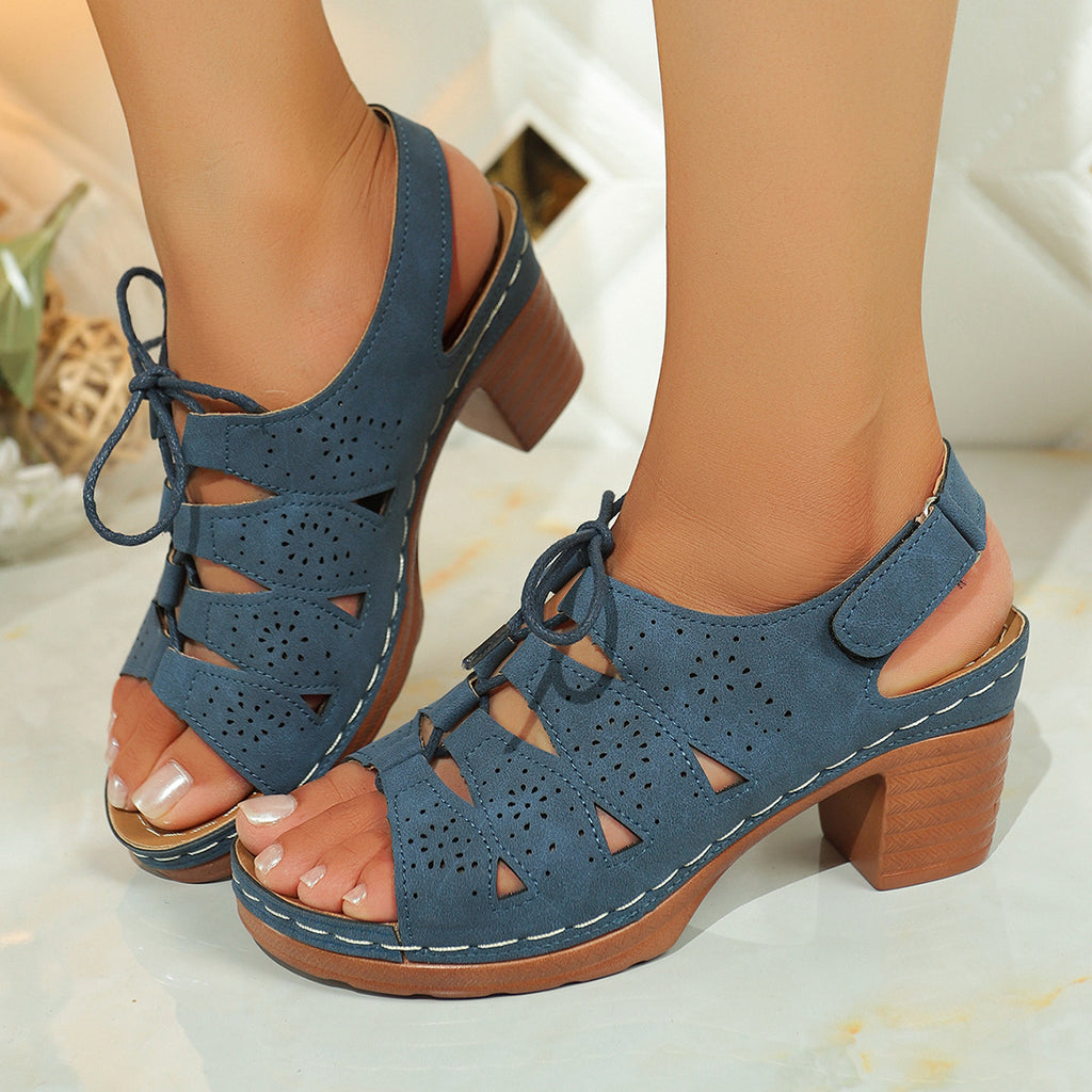 Sarah Express Cutout Lace-Up Mid-Heel Sandals Navy Blue