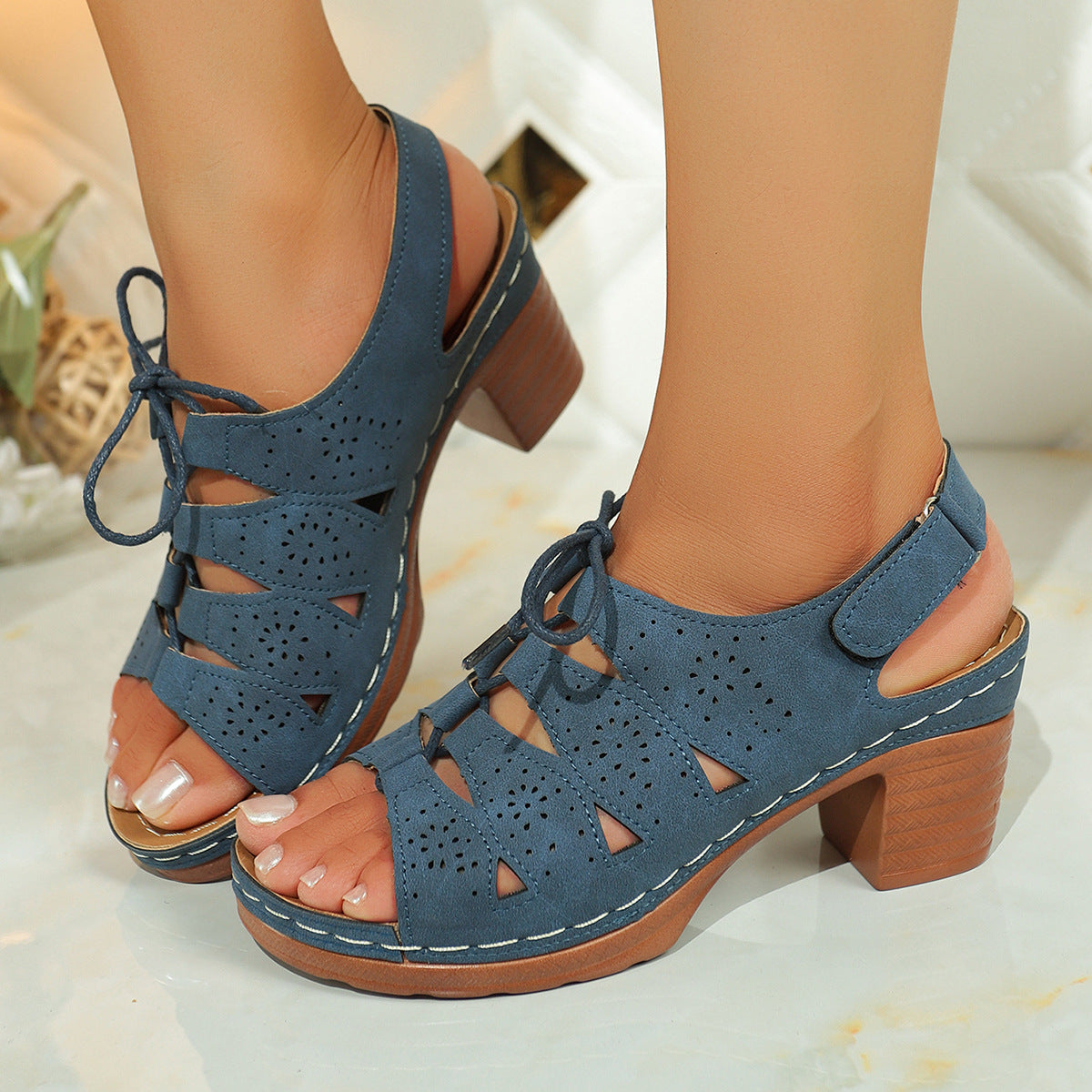 Sarah Express Cutout Lace-Up Mid-Heel Sandals Navy Blue