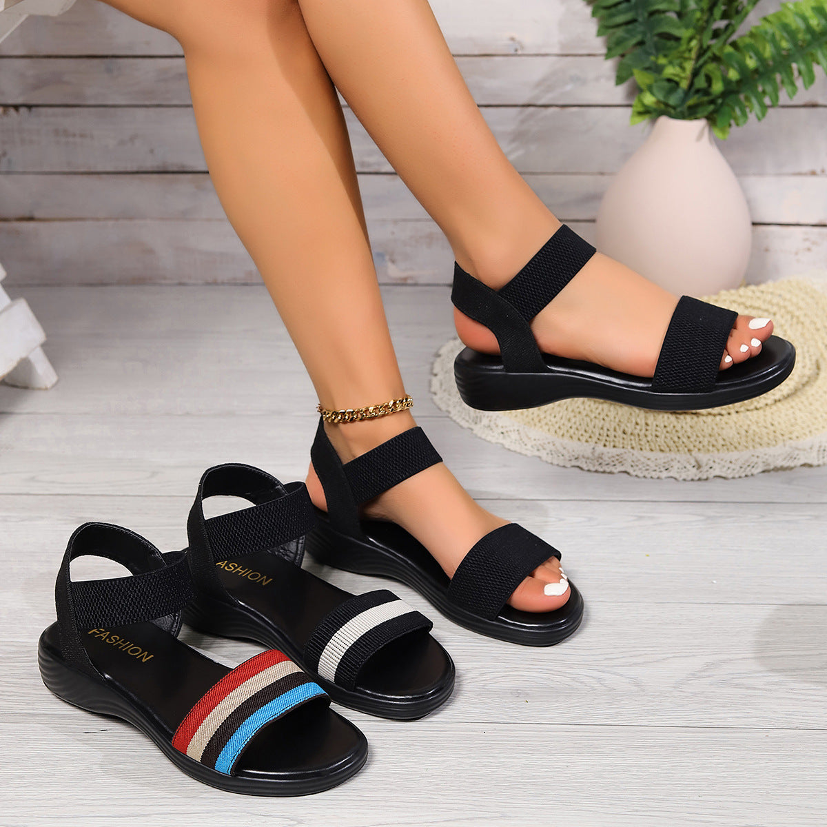 Sarah Express Color-Block Elastic Open-Toe Flat Sandals