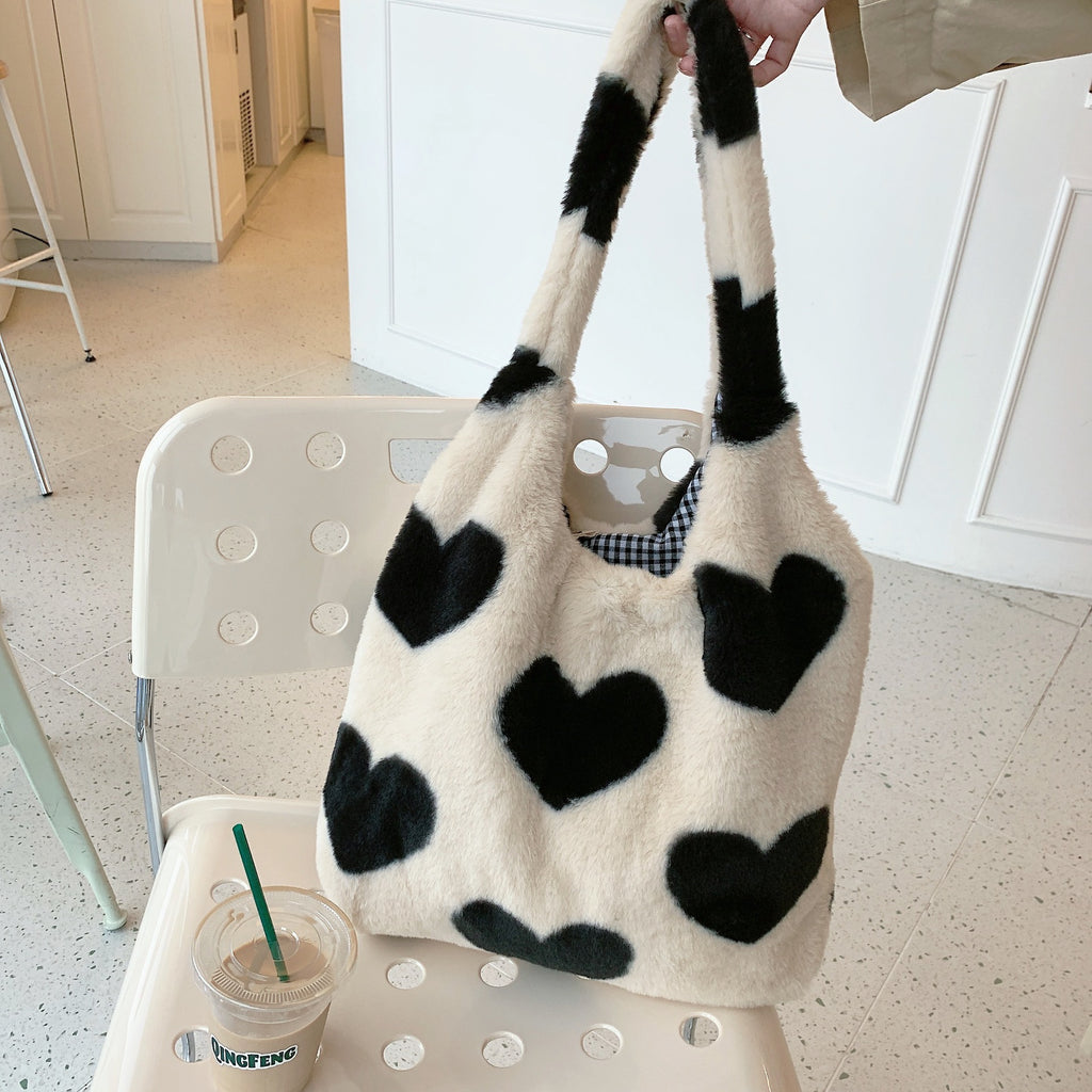 Sarah Express Plush Heart Pattern Reversible Shoulder Bag