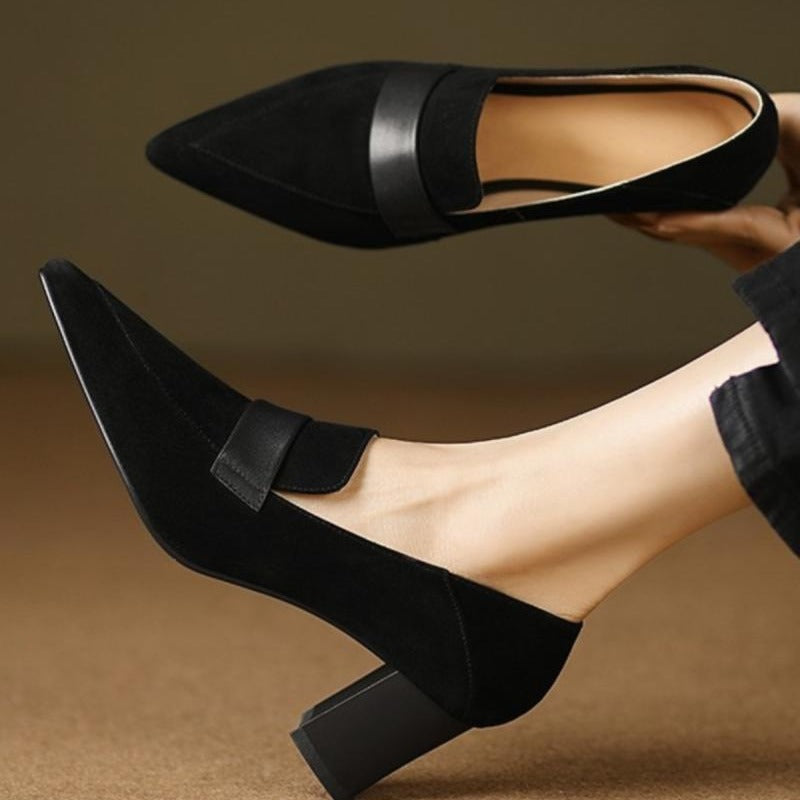 Sarah Express Pointed-Toe Chunky Heel Suede Loafers Black