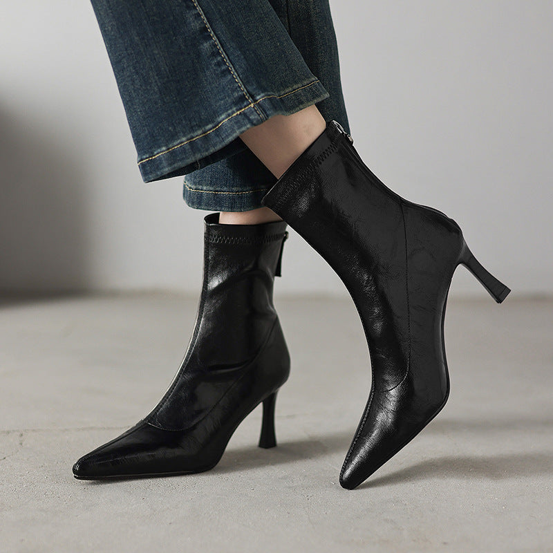 Sarah Express Chunky Heel Pointed Toe Ankle Boots Black With Velvet Lining