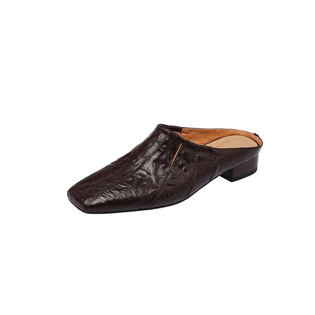 Sarah Express Washed Cowhide Square-Toe Low Block Mules Dark Brown