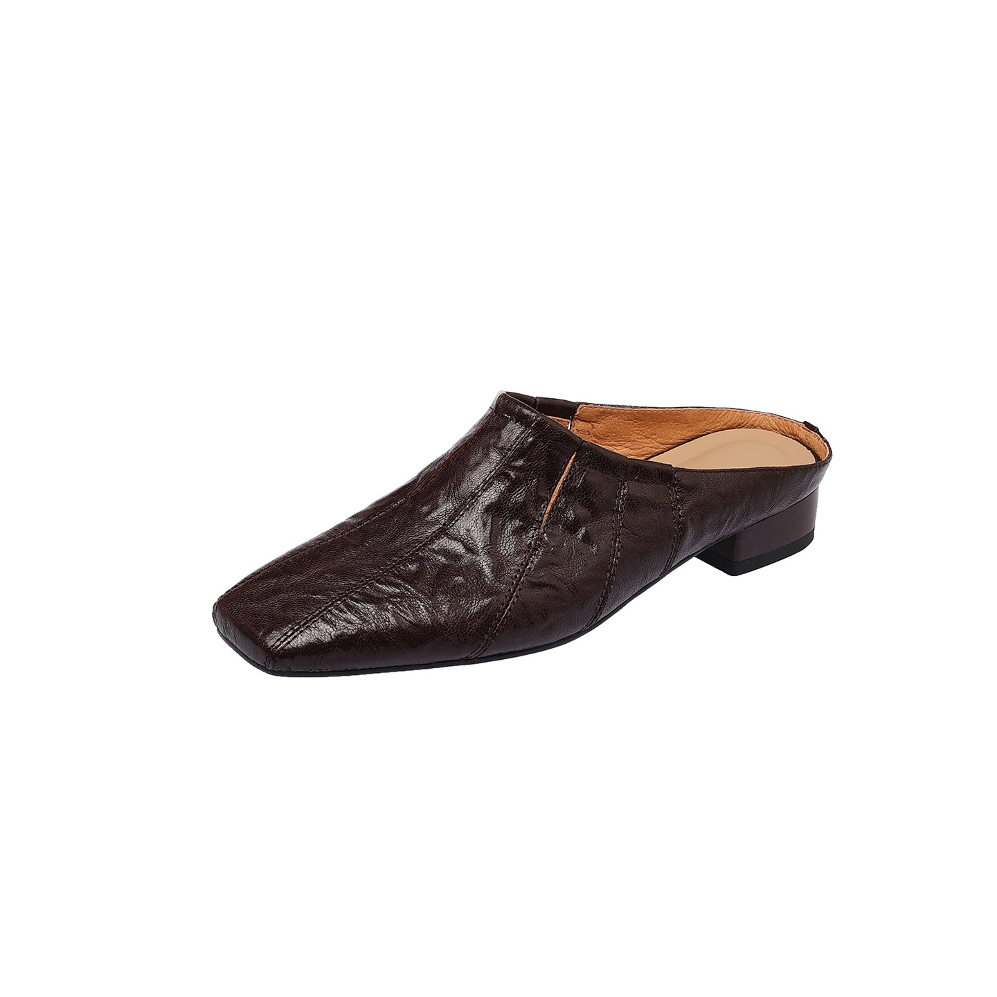Sarah Express Washed Cowhide Square-Toe Low Block Mules Dark Brown
