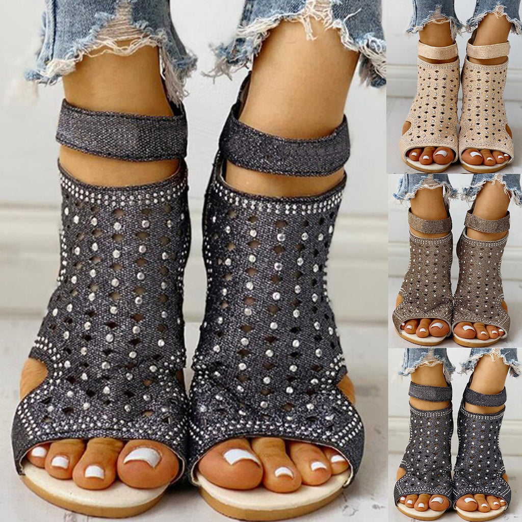 Sarah Express Rhinestone Cutout Roman Sandals With Back Zip