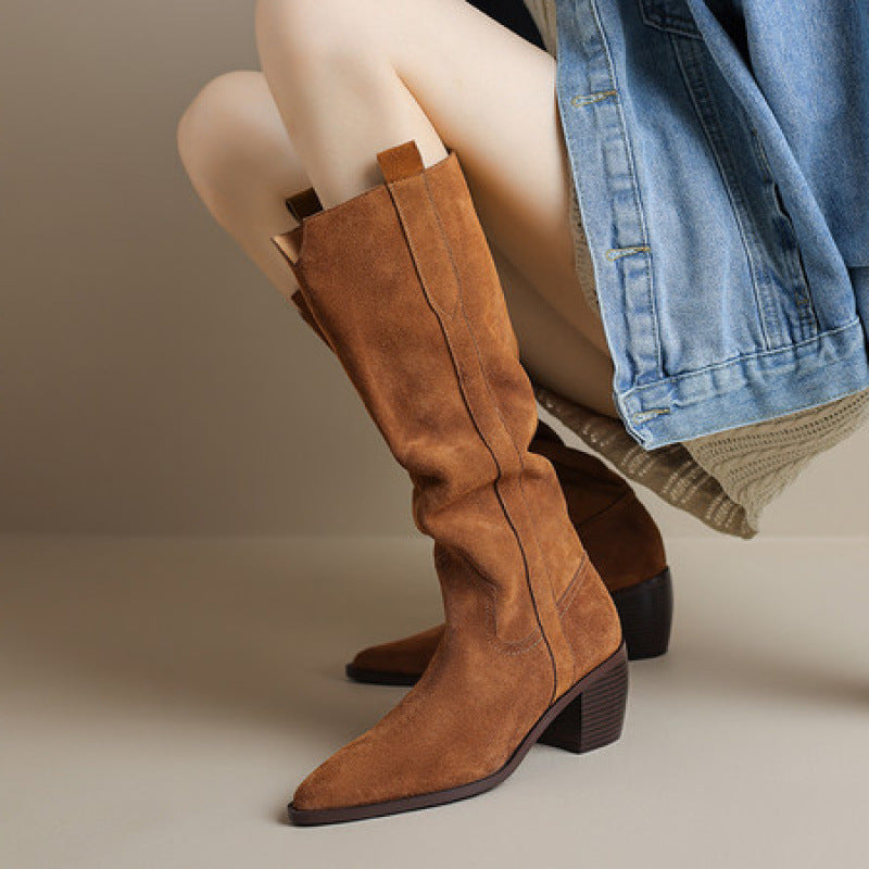 Sarah Express Handmade Retro Pointed Toe Chunky Boots