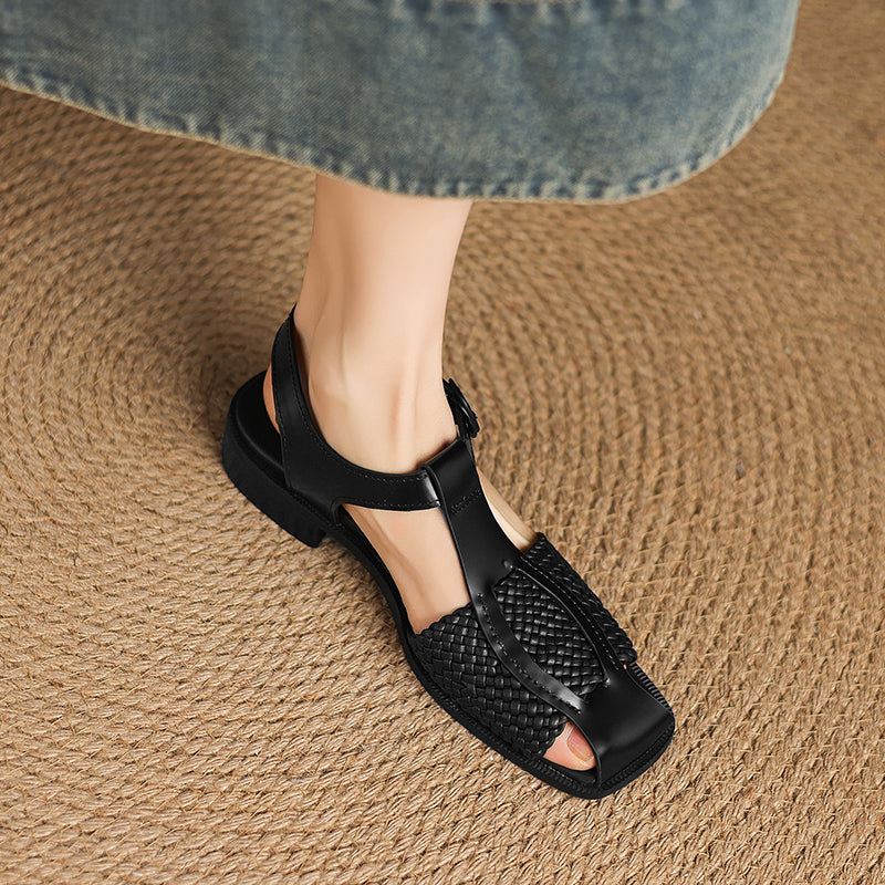 Sarah Express Woven T-Strap Block Heel Sandals