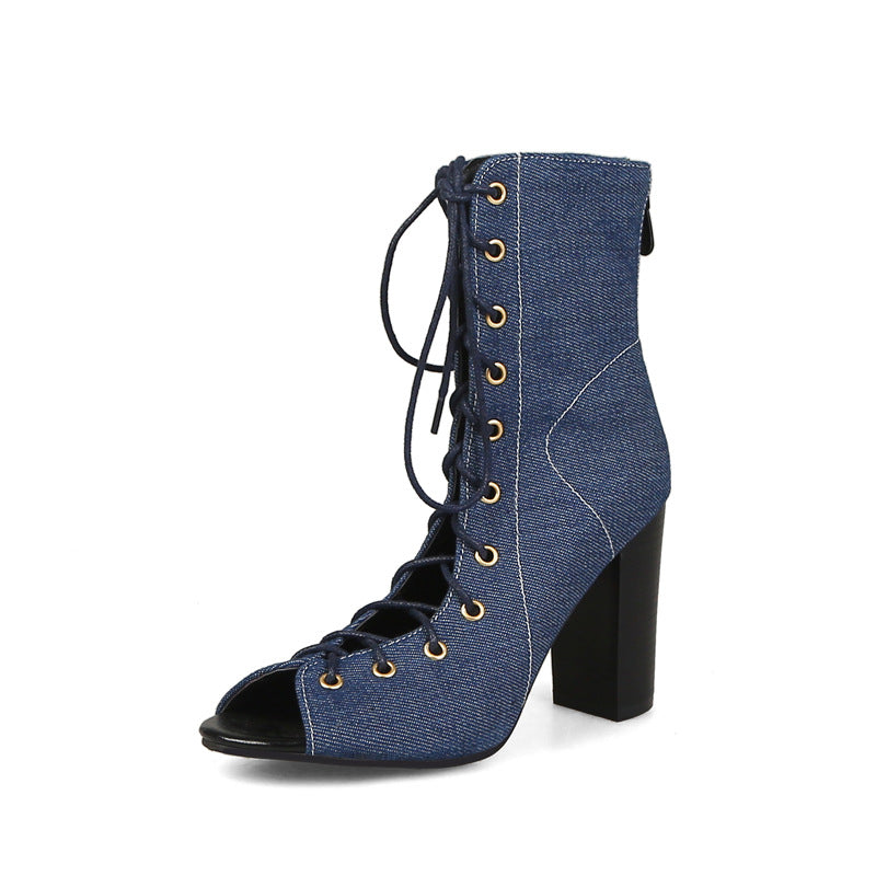 Sarah Express Denim Lace Up Peep Toe Heels Navy Blue