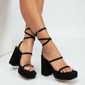 Sarah Express Chunky Heel Square Toe Strap Sandals Black