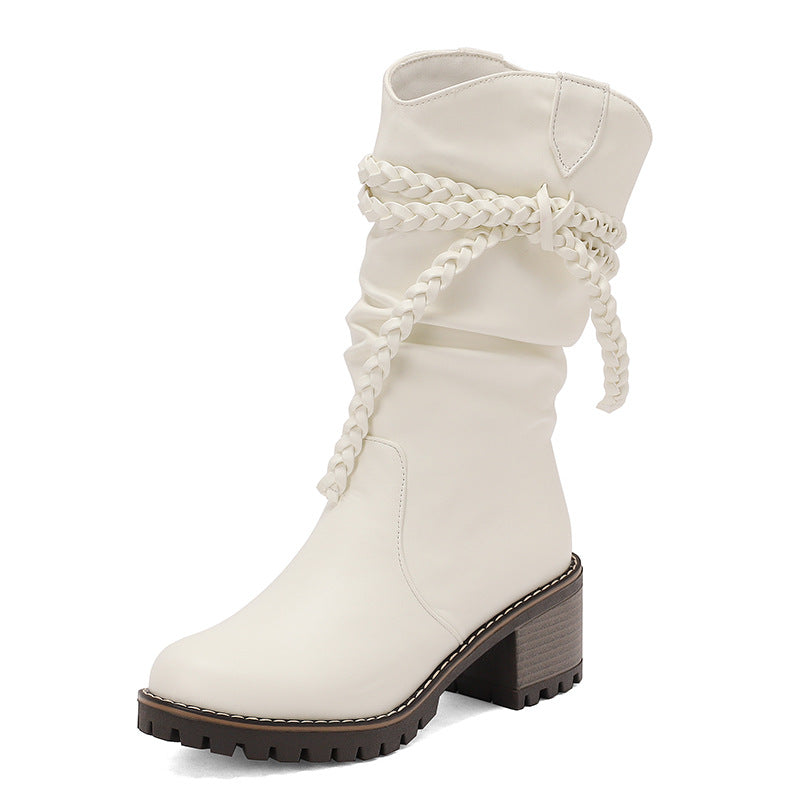Sarah Express Knitted Strap Mid-Calf Chunky Heel Boots