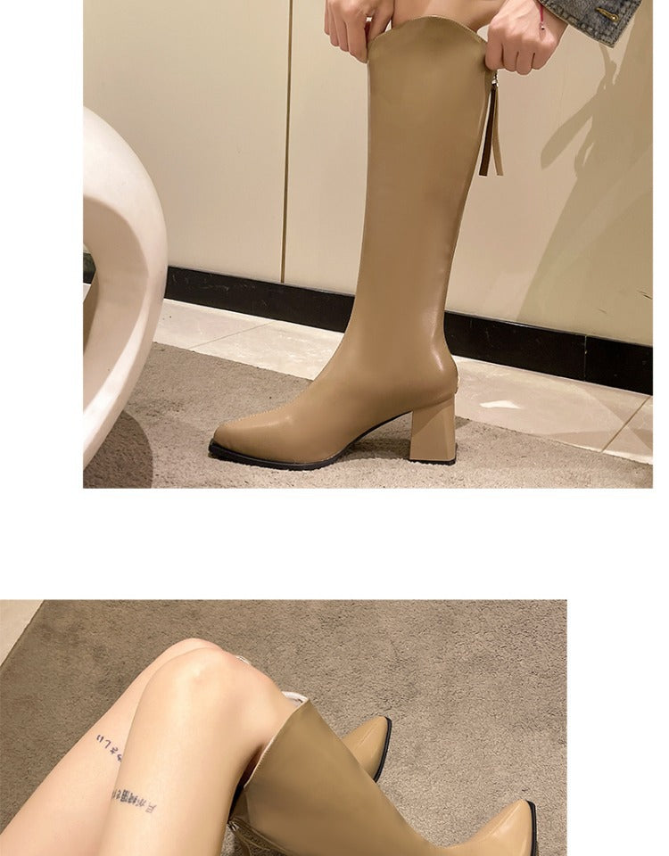 Sarah Express Chunky Heel Pointed Toe Mid-Calf Boots