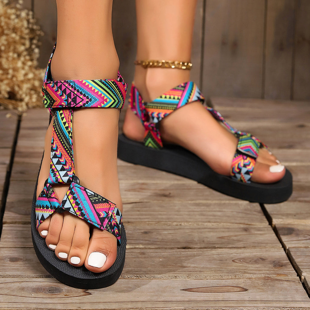 Sarah Express Printed Ethnic Style Velcro Flat Sandals