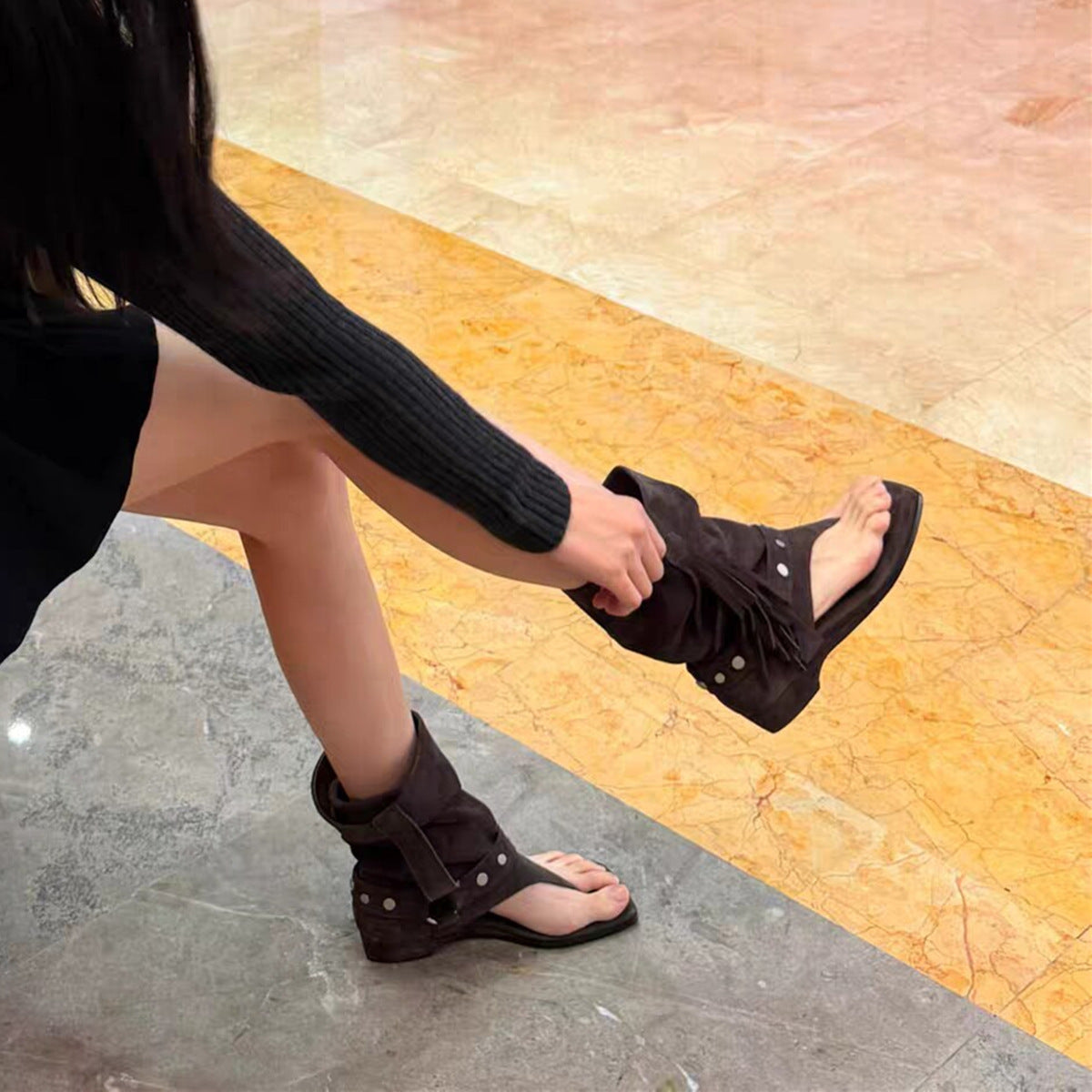 Tassel Suede Square-Toe Roman Sandals – product detail alternate view 9