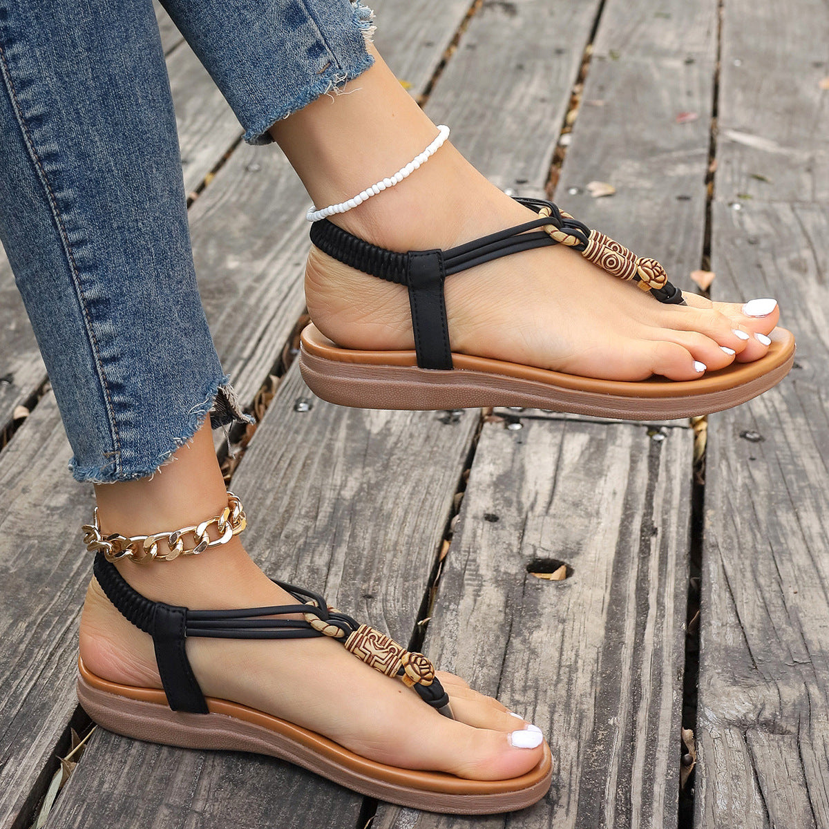 Sarah Express Flat Thong Roman Sandals Hollow PU