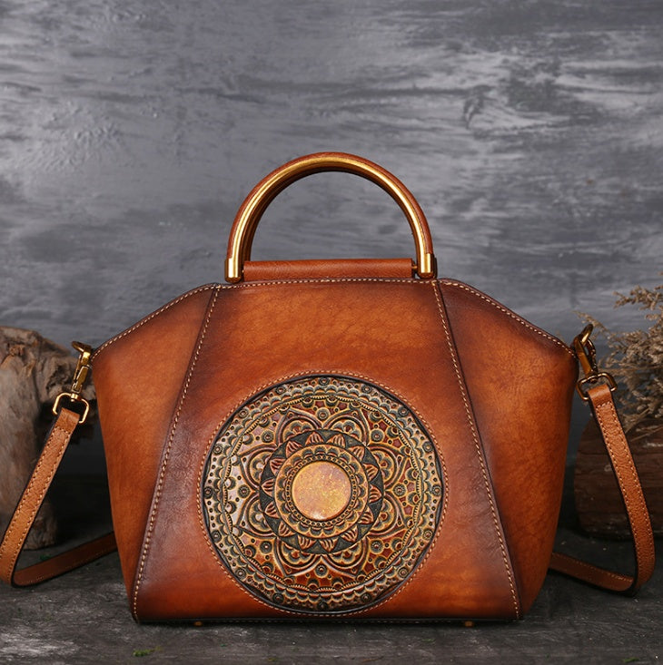 Sarah Express Embossed Leather Totem Messenger Handbag Orange palm