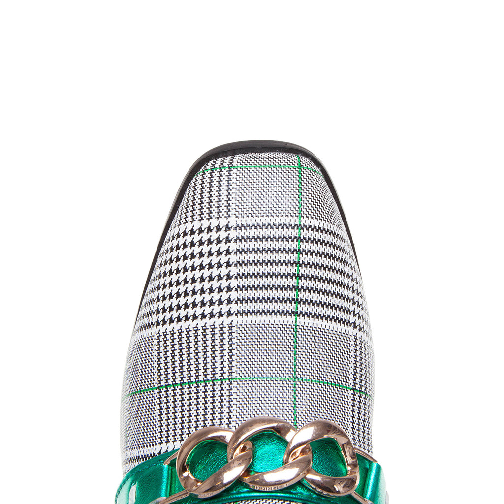 Close up of square toe plaid pump with chain