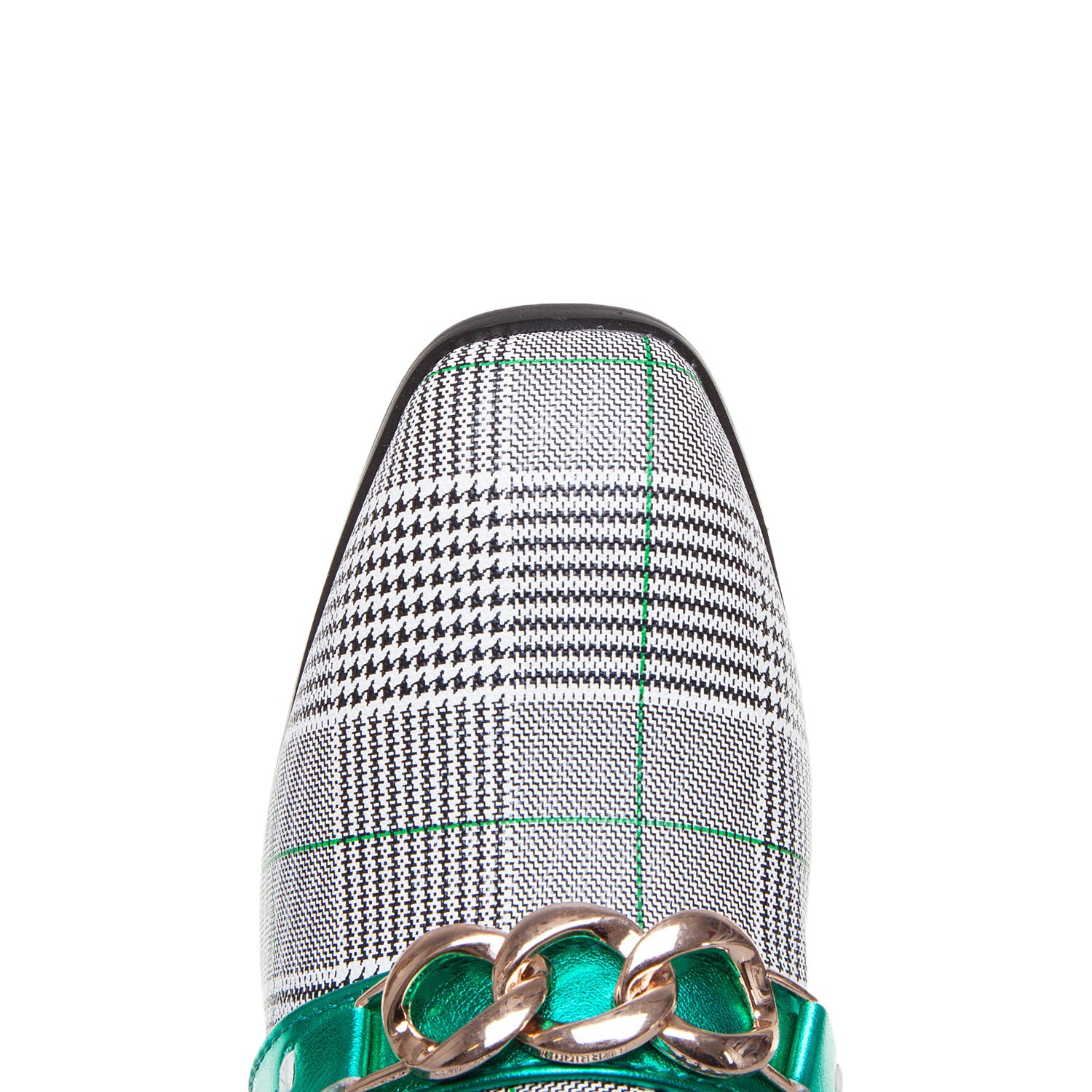 Close up of square toe plaid pump with chain