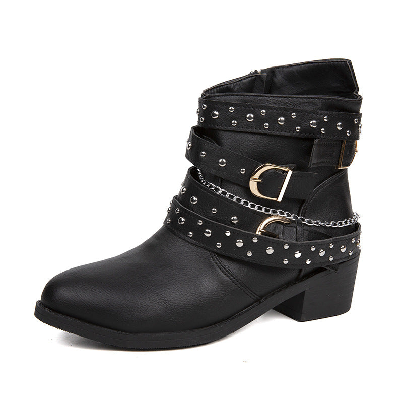 Sarah Express Punk Rivet Metal Buckle Ankle Boots Black
